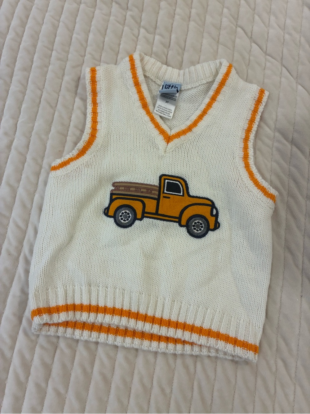 Little Lad Cream Knit Sweater Vest with Orange Trim and Yellow Truck Appliqué 2t